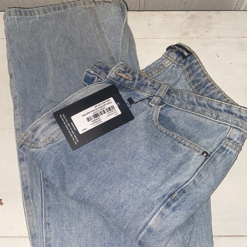 Straight leg, split hem, denim jeans